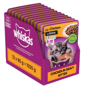 Whiskas Kitten Wet Cat Food (2-12 Months), Chicken In Gravy Flavour, 12 Pouches (12 x 85 G)